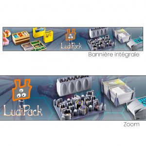 Création d'une bannière youtube à partir de photographies packshot d'inserts Ludipack pour boite de jeu.